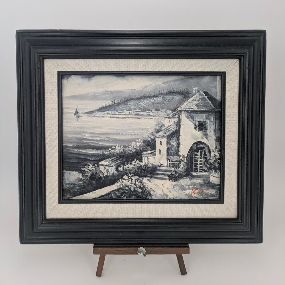Grayscale Landscape Oil Painting Mediterranean Villa Shoreline VTG Artist Signed